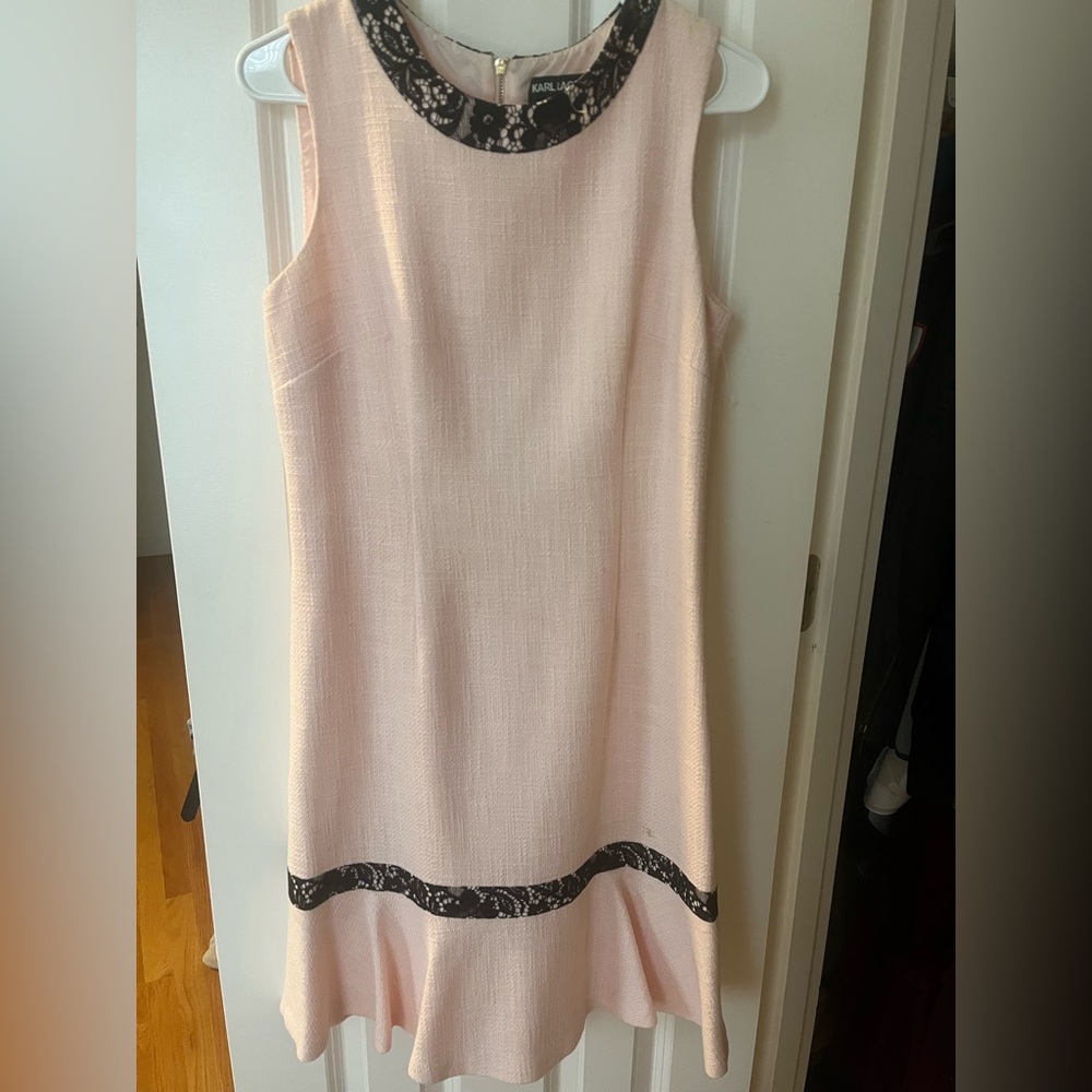 Karl Lagerfeld Pink Midi Dress with Black Lace Trim